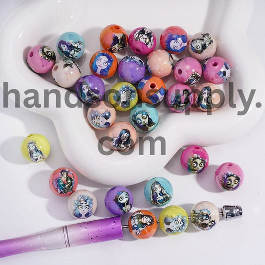 UV Coating Halloween Skeleton Couple Character Print Round Acrylic Beads 16MM Random Mix