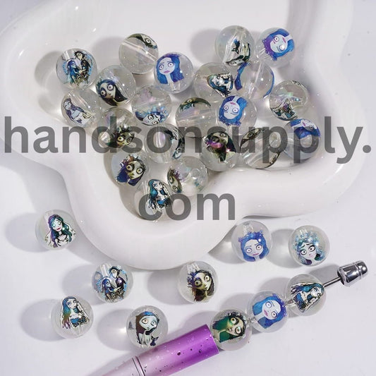 UV Coated Halloween Spooky Skeleton Couple Print on Round Acrylic Beads 16MM Random Mix