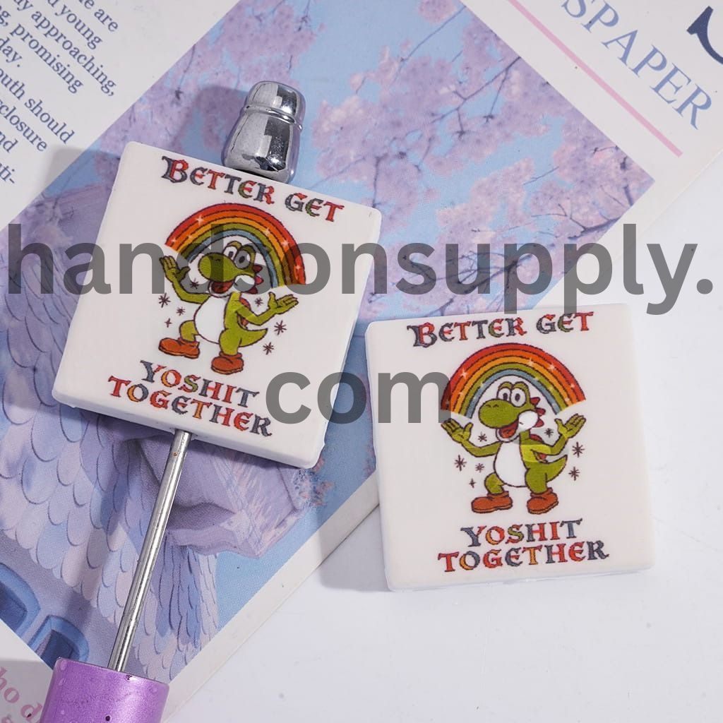 Funny Green Dinosaur Rainbow Stars & Quote Print Flat Square Shape Silicone Focal Beads