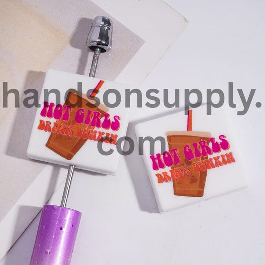 Cute Pink Coffee Cup with Ice Drink Design Flat Square Shape Silicone Focal Beads