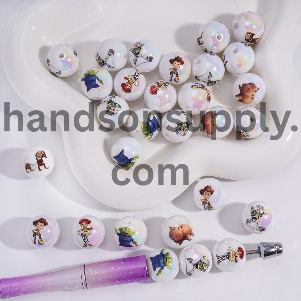 UV Coated Cute Cartoon Toy Adventure Character Series Round Acrylic Bracelet Beads 16MM Random Mix