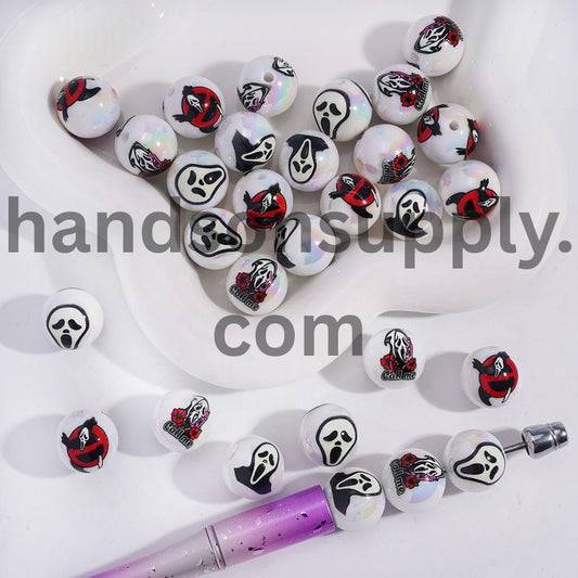 UV Coated Spooky Halloween Horror Mask Character Series White Round Acrylic Bracelet Beads 16MM Random Mix