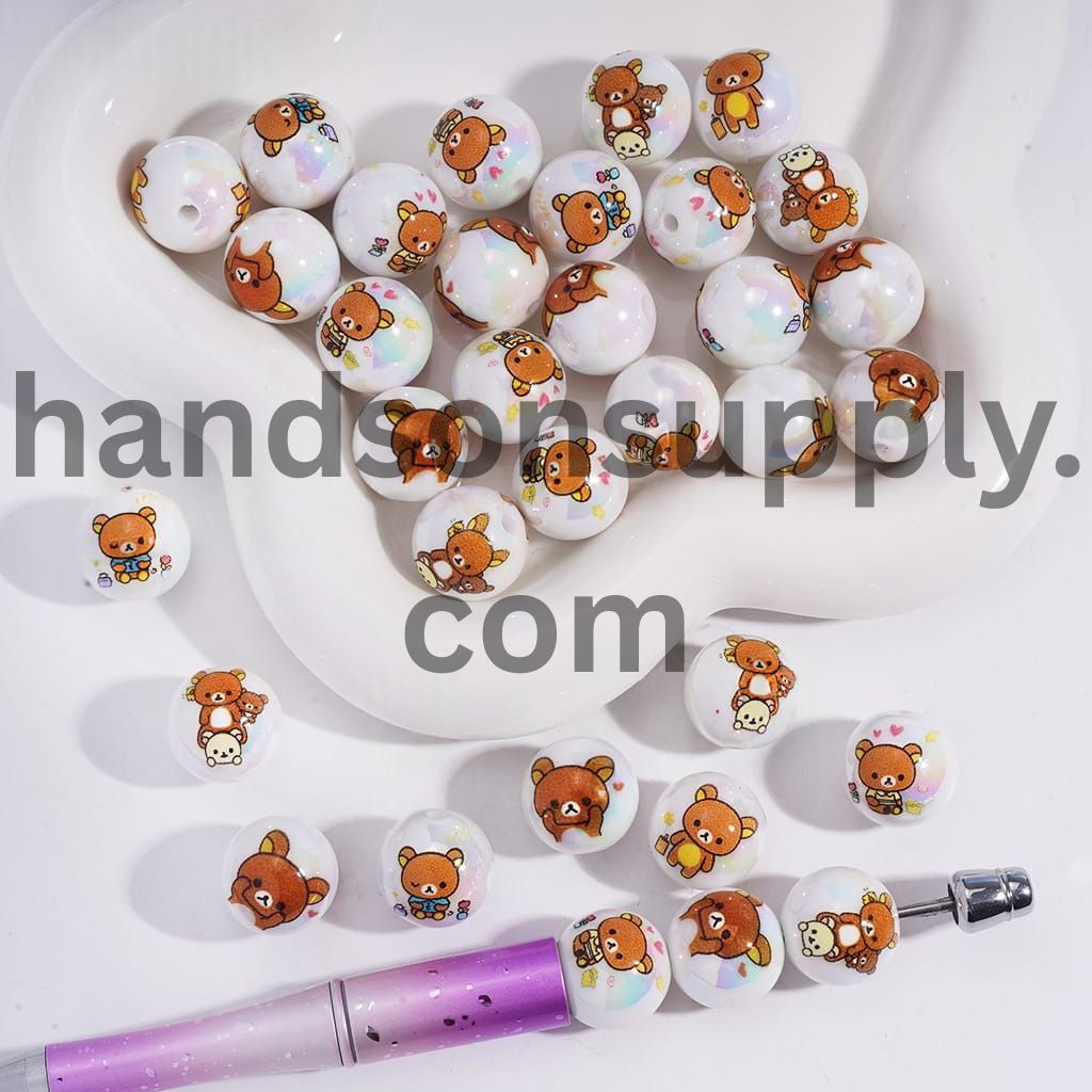 UV Coated Cute Cartoon Relaxed Bear Character Series Round  Acrylic Bracelet Beads 16MM Random Mix