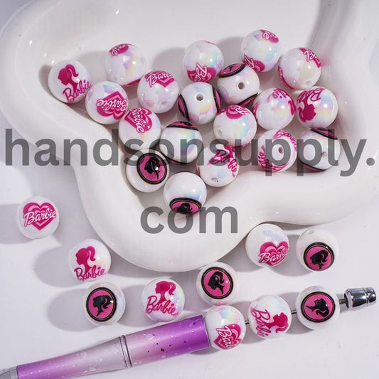 UV Coated Cute Glam Fashion Doll Pink Series Print on Round Acrylic Bracelet Beads 16MM Random Mix
