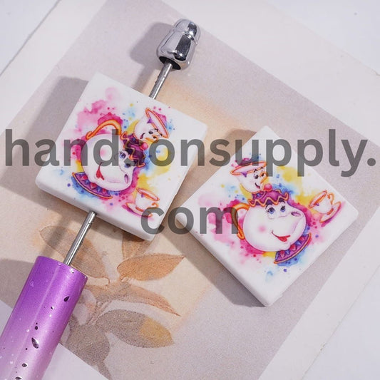 Cute Watercolor Teapot & Teacup Design Print on Flat Square Shape Silicone Focal Beads