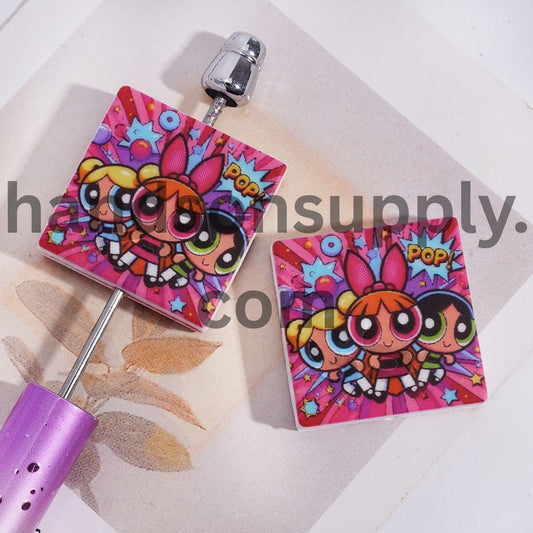 Brave Girl Police Print on Flat Square Shape Silicone Focal Beads with Text "POP!"
