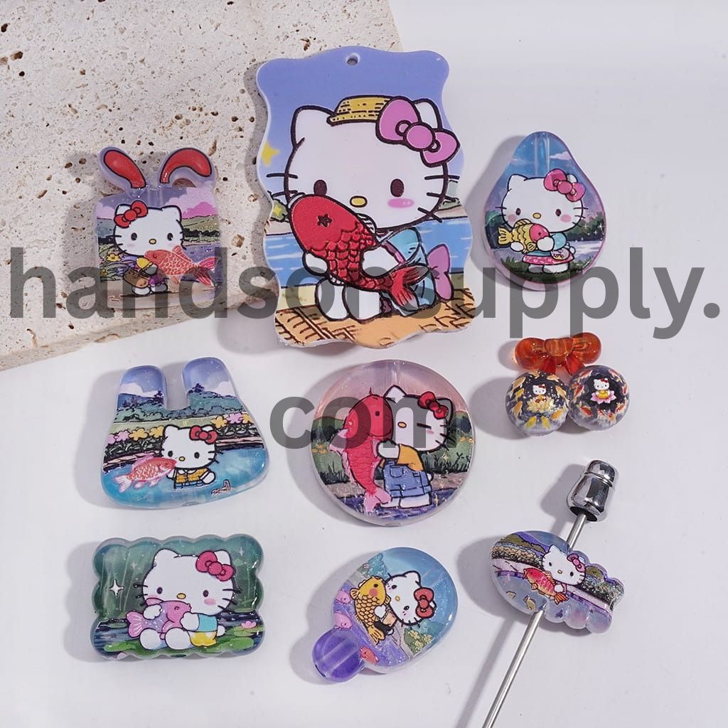 Cute Cartoon Cat Character Holding Fish in Version Style Village Life Theme Acrylic Beads Pendants Random Mix