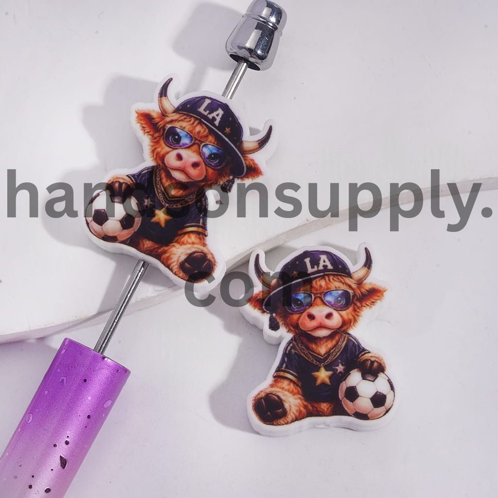 Fashionable Highland Cow with LA Cap, Sunglasses & Soccer Theme Silicone Focal Bead