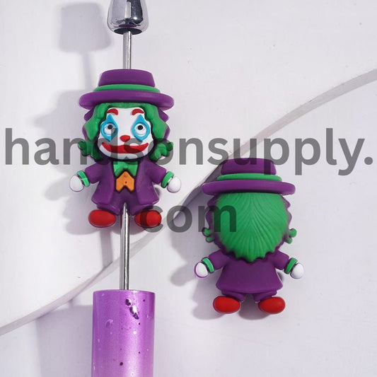 3D Horror Clown Character Wearing Purple Hat & Suit with Green Hair Design Silicone Focal Beads