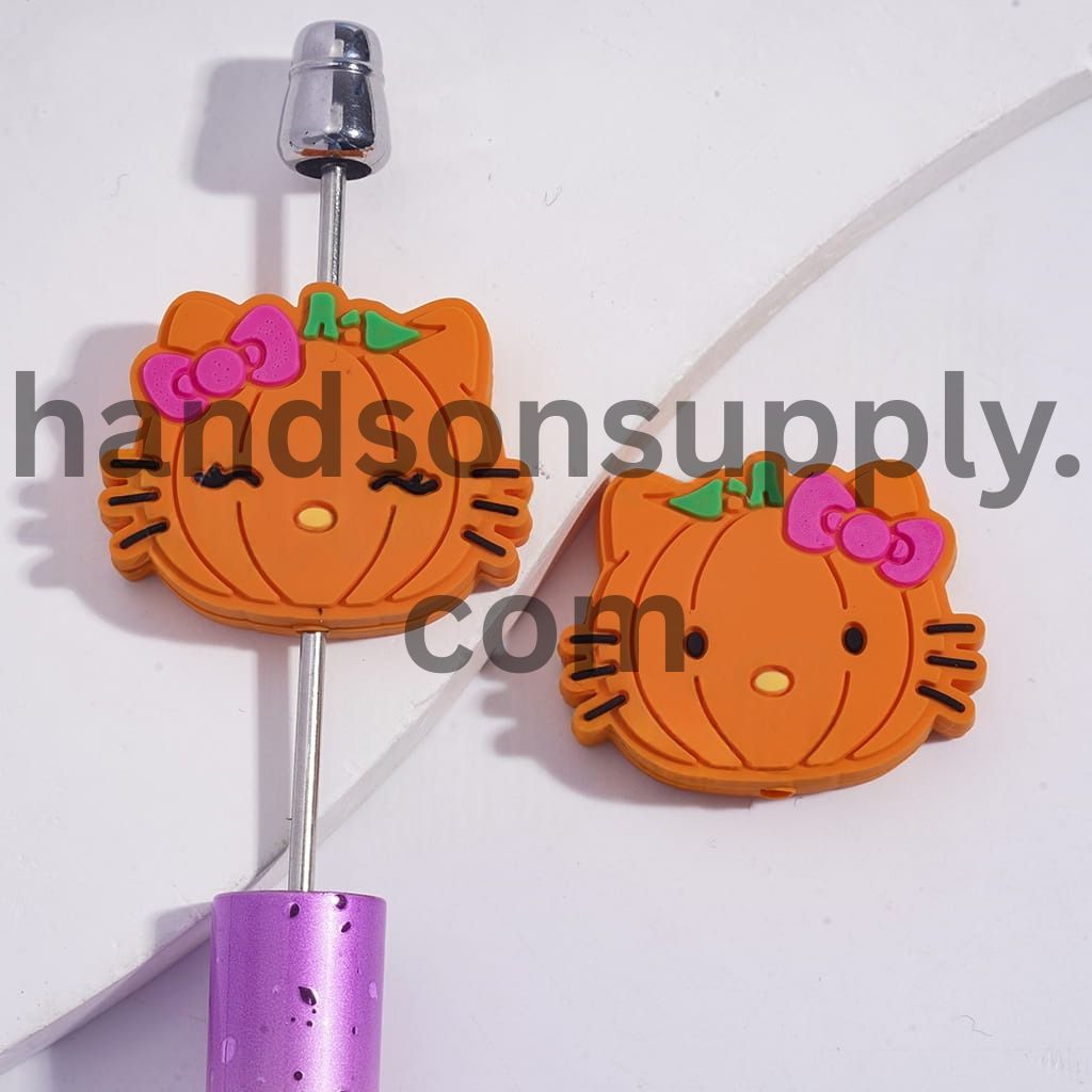 Cute Cat Character with Pink Bowtie Head Design Pumpkin-Shaped Silicone Focal Beads