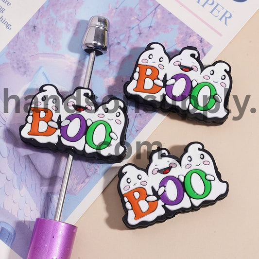 Cute Halloween Design with Cute Three White Spooky Ghosts Holding “BOO” Text Silicone Focal Beads