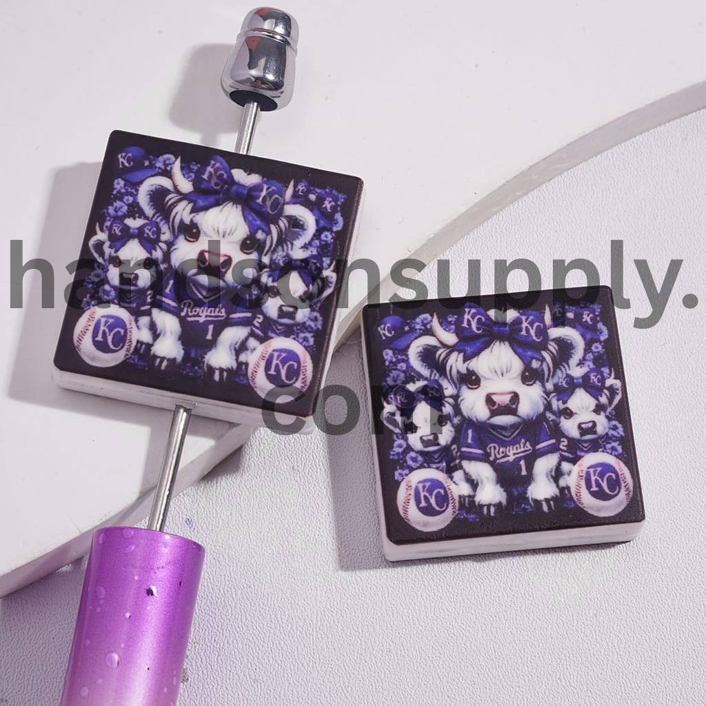 KC American Baseball & Highland Cow Print on Flat Square Shape Silicone Focal Beads