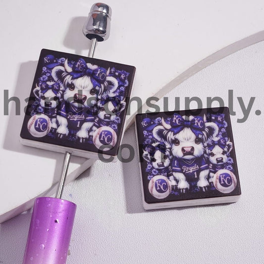 KC American Baseball & Highland Cow Print on Flat Square Shape Silicone Focal Beads