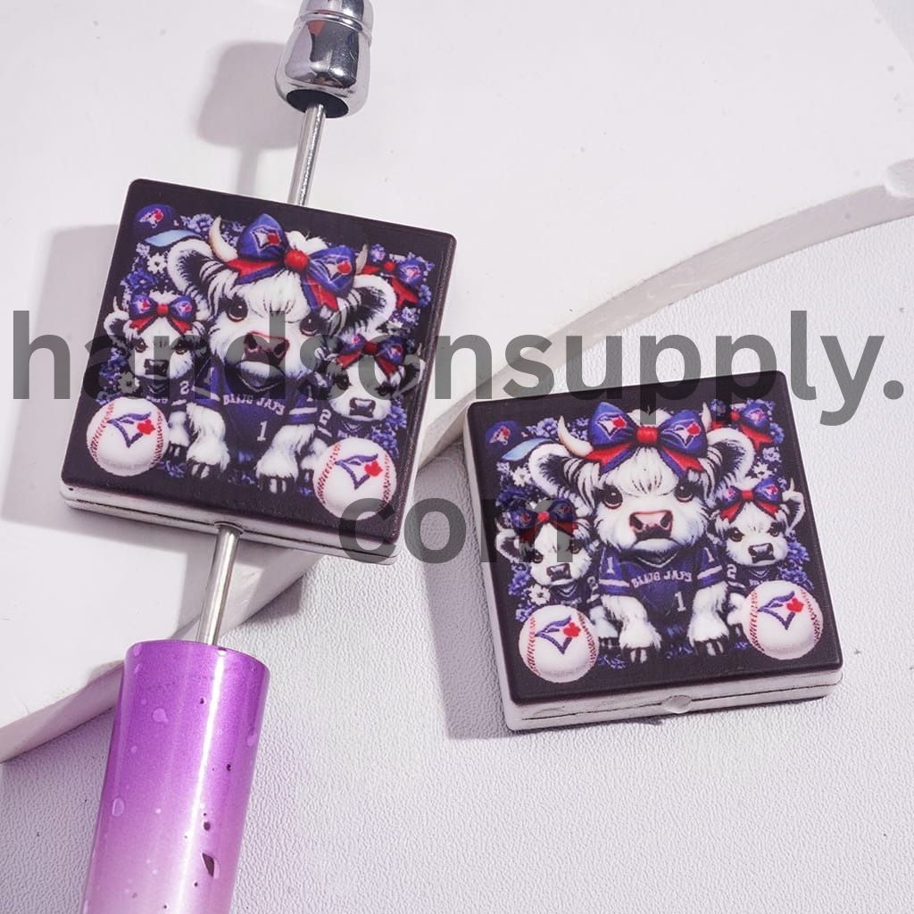 Toronto Baseball & Highland Cattle Design Print on Flat Square Shape Silicone Focal Beads