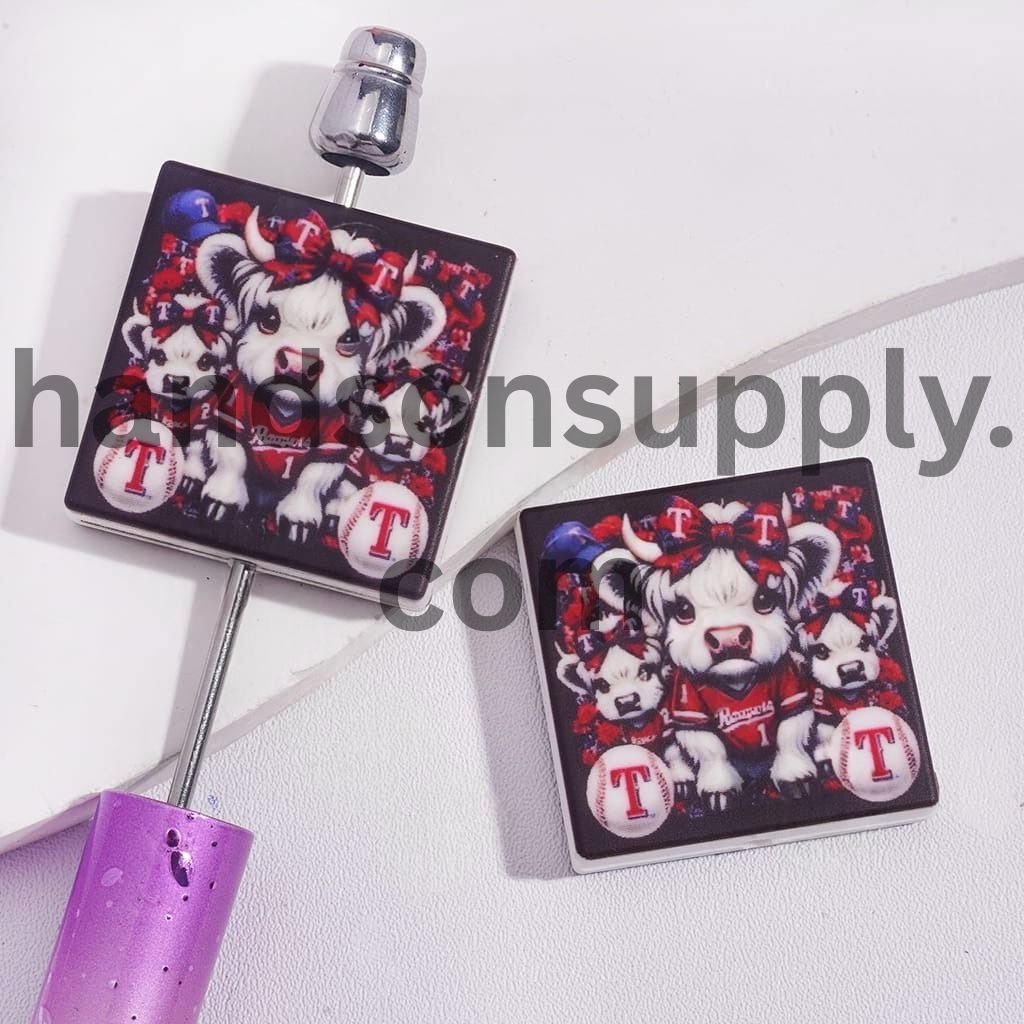 Highland Cow and American Baseball Texas Cavalry Design Print on Flat Square Shape Silicone Focal Beads