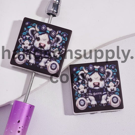 American Baseball Seattle Sailor and Highland Cattle Design Print on Flat Square Shape Silicone Focal Beads