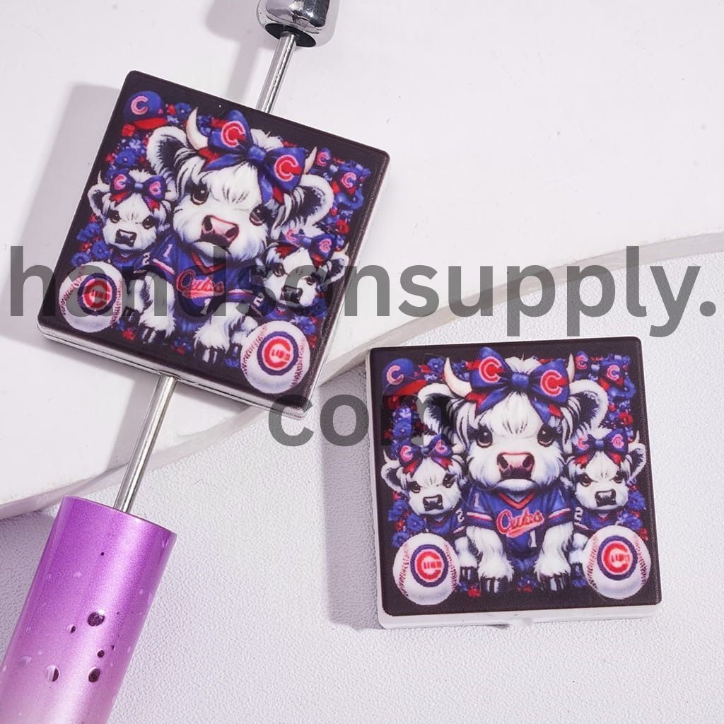 Highland Cattle and American Baseball Chicago Bear Baseball Design Print on Flat Square Shape Silicone Focal Beads