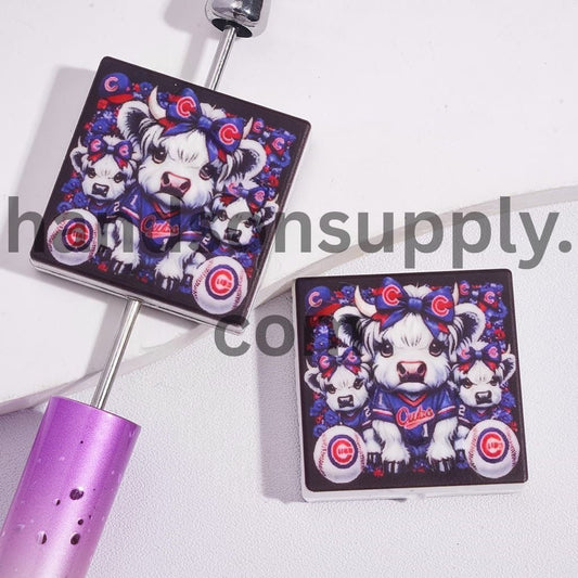 Highland Cattle and American Baseball Chicago Bear Baseball Design Print on Flat Square Shape Silicone Focal Beads