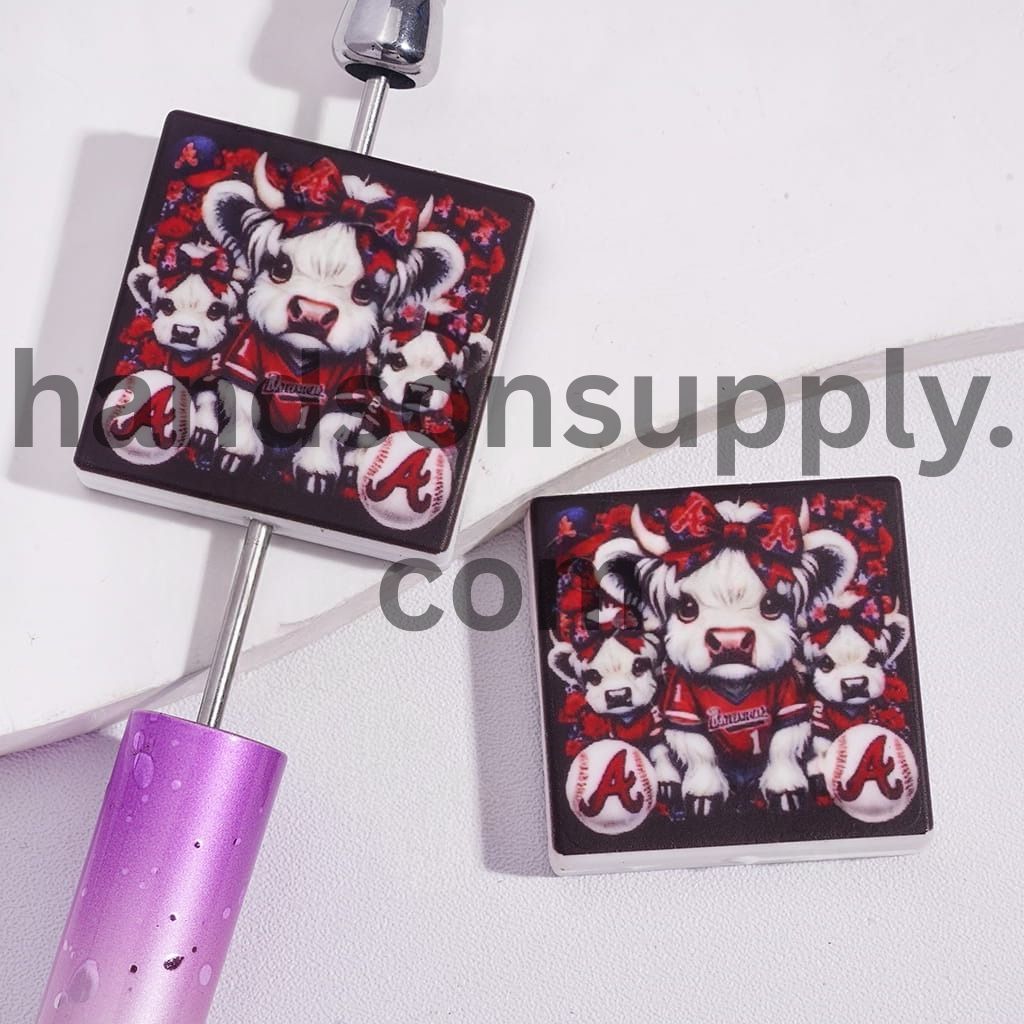 American Baseball Atlanta Warrior and Highland Cow Design Print on Flat Square Shape Silicone Focal Beads