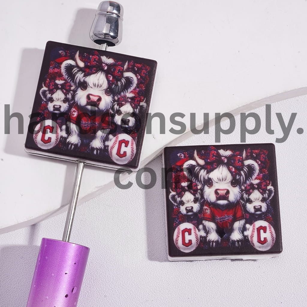 Highland Cow and American Baseball Cleveland Design Print on Flat Square Shape Silicone Focal Beads