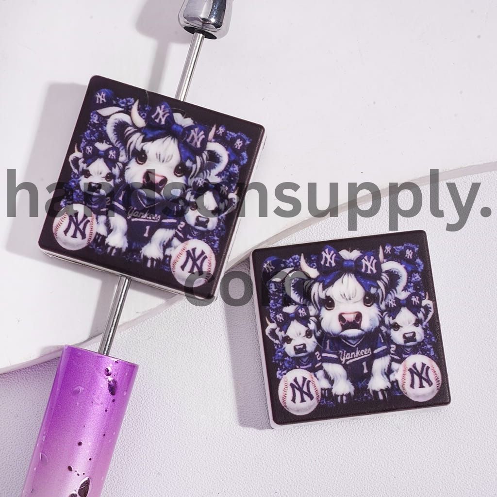Highland Cattle and American NY Baseball Design Print on Flat Square Shape Silicone Focal Beads