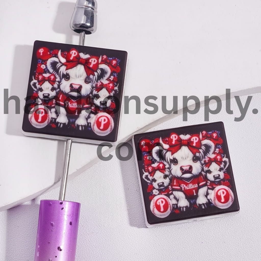 American Philly Baseball and Highland Cattle Design Print on Flat Square Shape Silicone Focal Beads