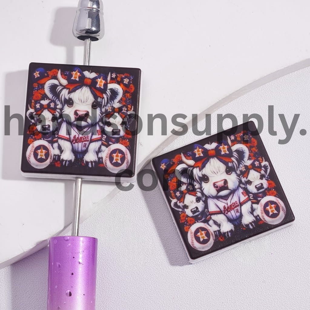 Silicone Focal Beads with Highland Cattle and American TC Baseball, Flat Square Shape