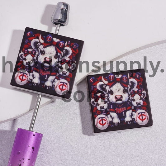 Highland Cattle and American TC Baseball Design Print on Flat Square Shape Silicone Focal Beads