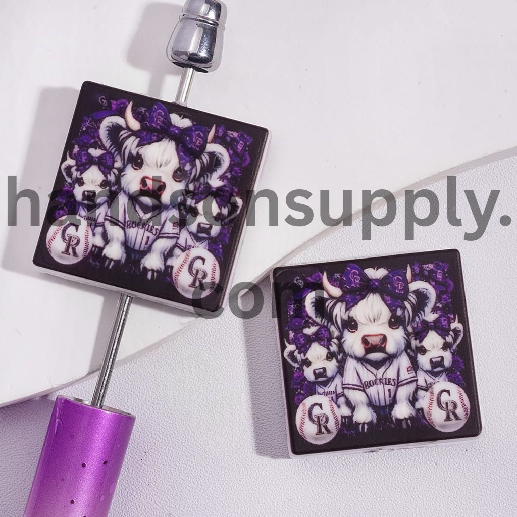 Highland Cow and American Baseball CR Design Print on Flat Square Shape Silicone Focal Beads