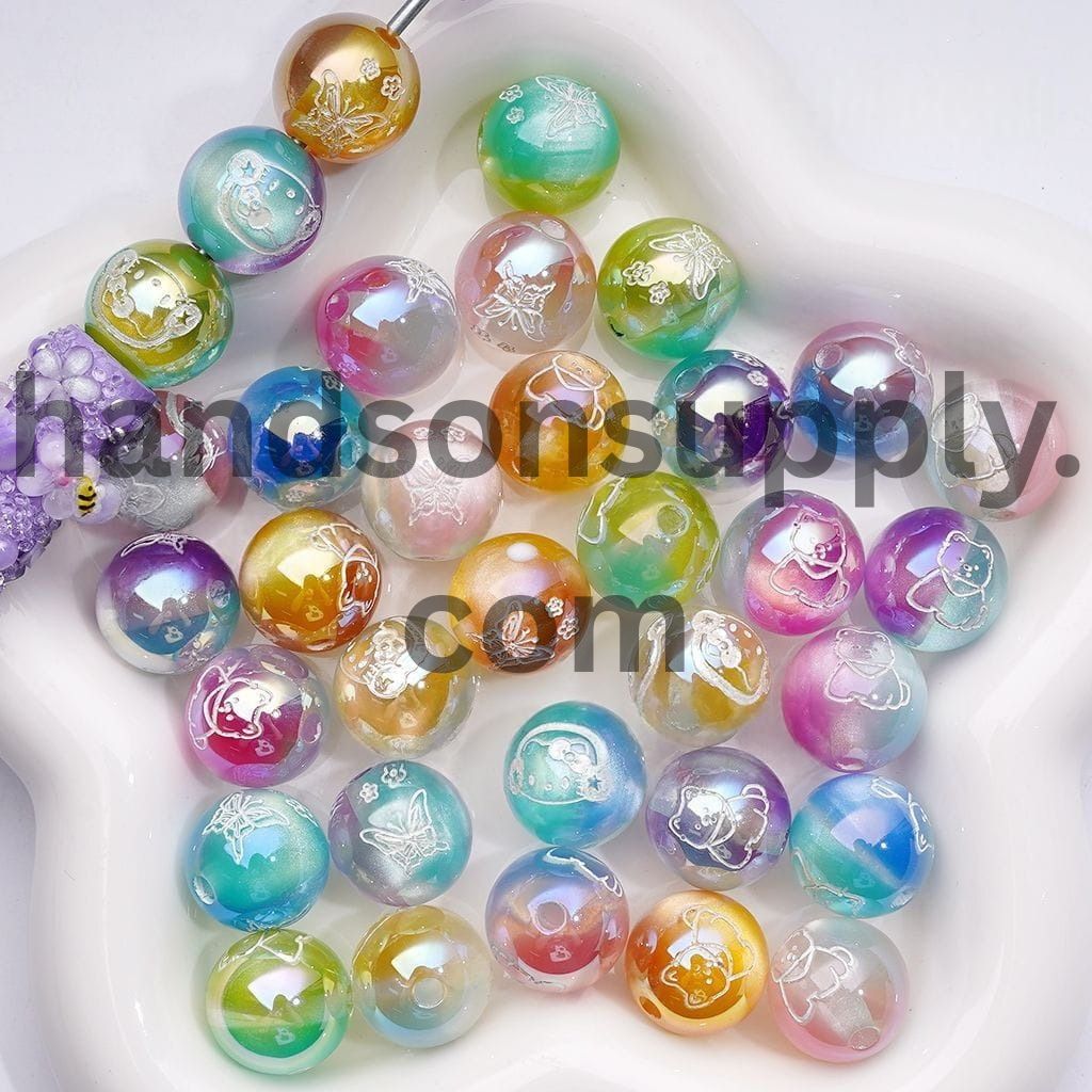 Cat Eye with Double Color Effect & White Animal Portrait Prints Round Acrylic Beads for Bracelets 16MM Random Mix
