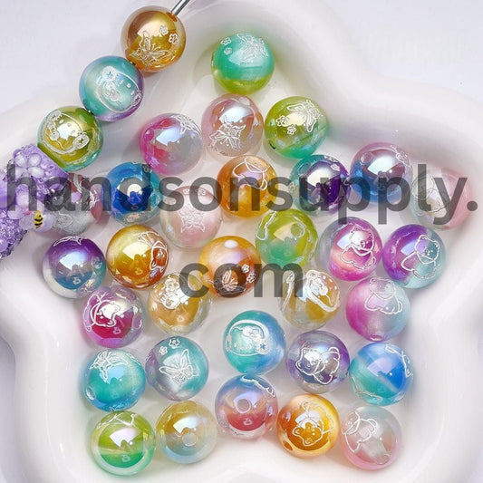 Cat Eye with Double Color Effect & White Animal Portrait Prints Round Acrylic Beads for Bracelets 16MM Random Mix