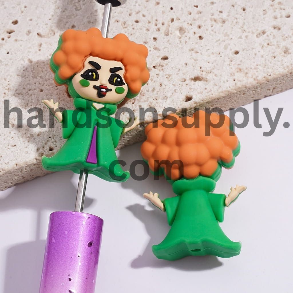 3D Villain Witch with Orange Puff Hair, Buck Teeth & Green Cloak Silicone Focal Bead