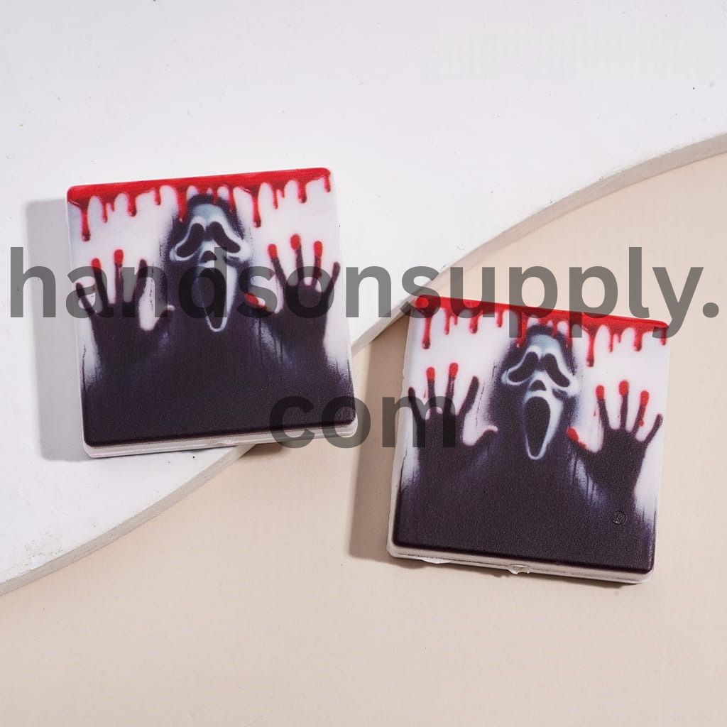 Spooky Halloween with Horror Mask, Red Blood Effect & Black Hand Print Design Silicone Focal Beads