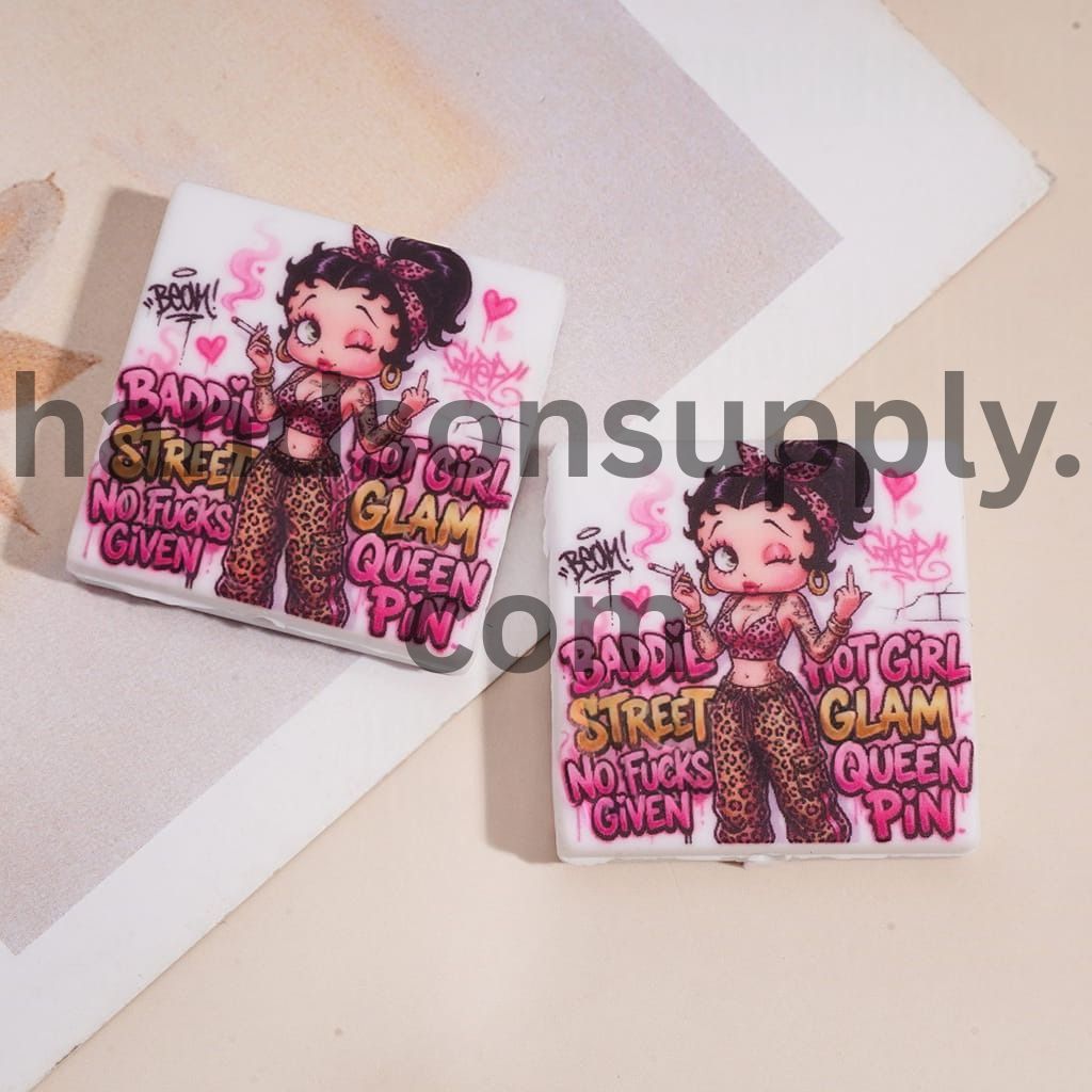 Hot Girl Glam Queen Old Girl Character and Text "BADDIE STREET HOT GIRL GLAM QUEEN PIN NO Humor GIVEN", Flat Square Shape Silicone Focal Beads