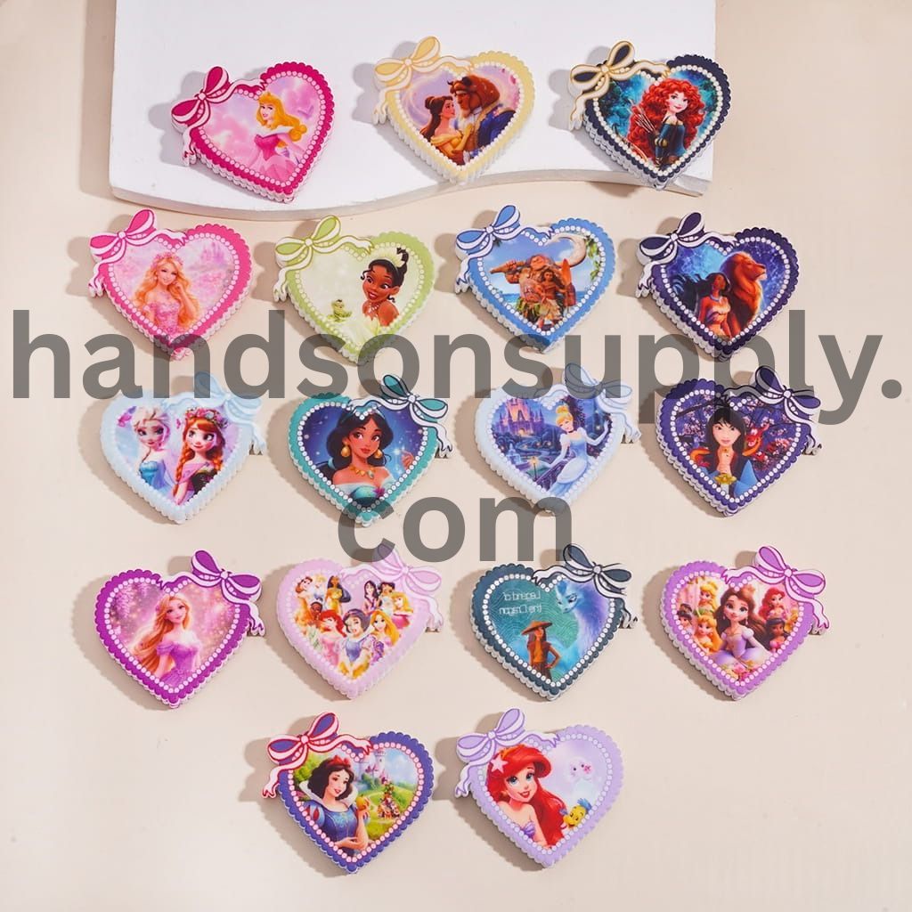 Bowknot & Classic Animated Princess Characters, Flat Heart Shape Silicone Focal Beads Random Mix