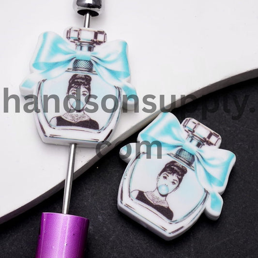 British Actress-Inspired Design, Light Blue Bubble, Flat Perfume Bottle Shape Silicone Focal Beads
