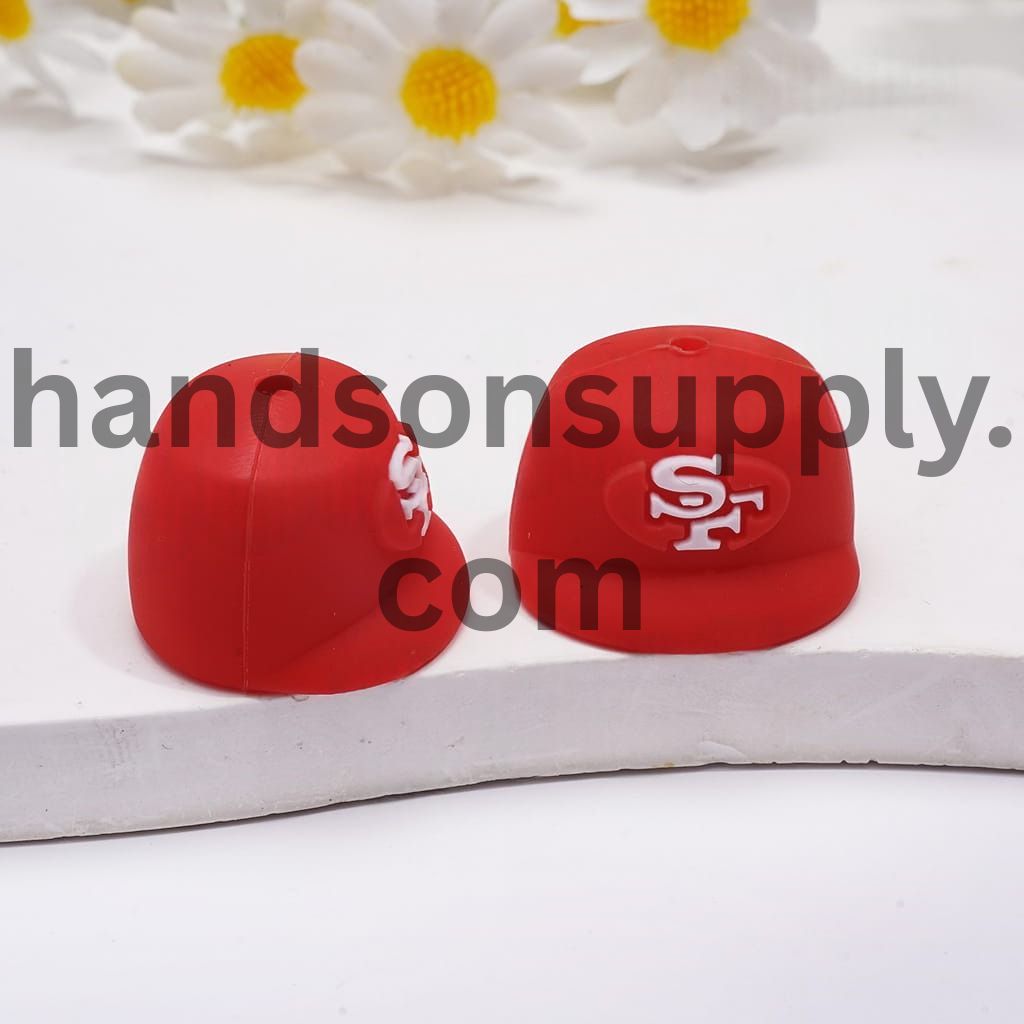 3D Red Baseball Cap with American Football SF Team Print Silicone Focal Beads