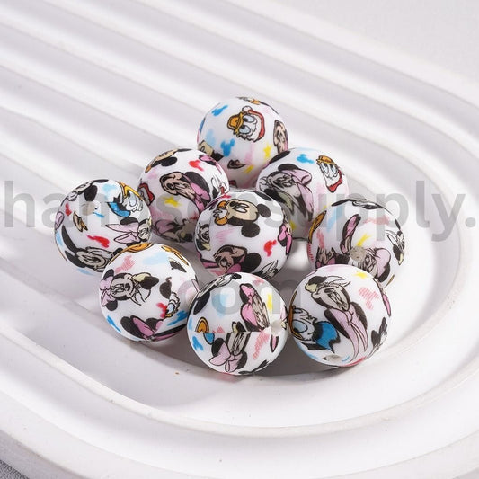 Cute Disney Characters Micke, Minni, Donal & Daisi Round Print Silicone Beads 15mm Z-00300
