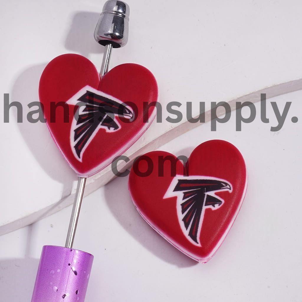 American Football KC Pattern Sport Theme Flat Heart Shape Silicone Focal Bead