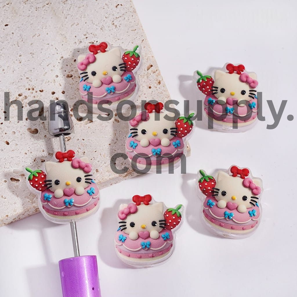 Cute Cat Character in Pink Strawberry Doughnut Translucent Acrylic Beads 20*22MM