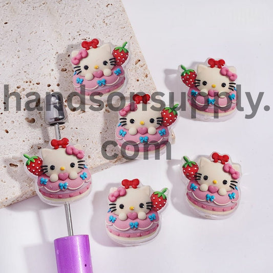 Cute Cat Character in Pink Strawberry Doughnut Translucent Acrylic Beads 20*22MM