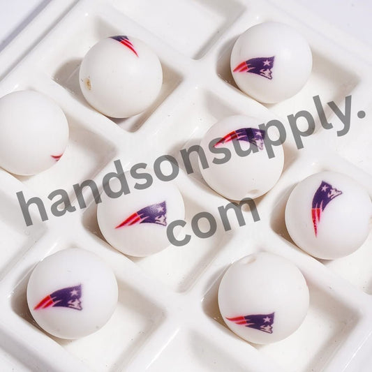 NE American Football Patriotic Team Print Round Silicone Beads for DIY Bracelets & Necklaces, 15MM