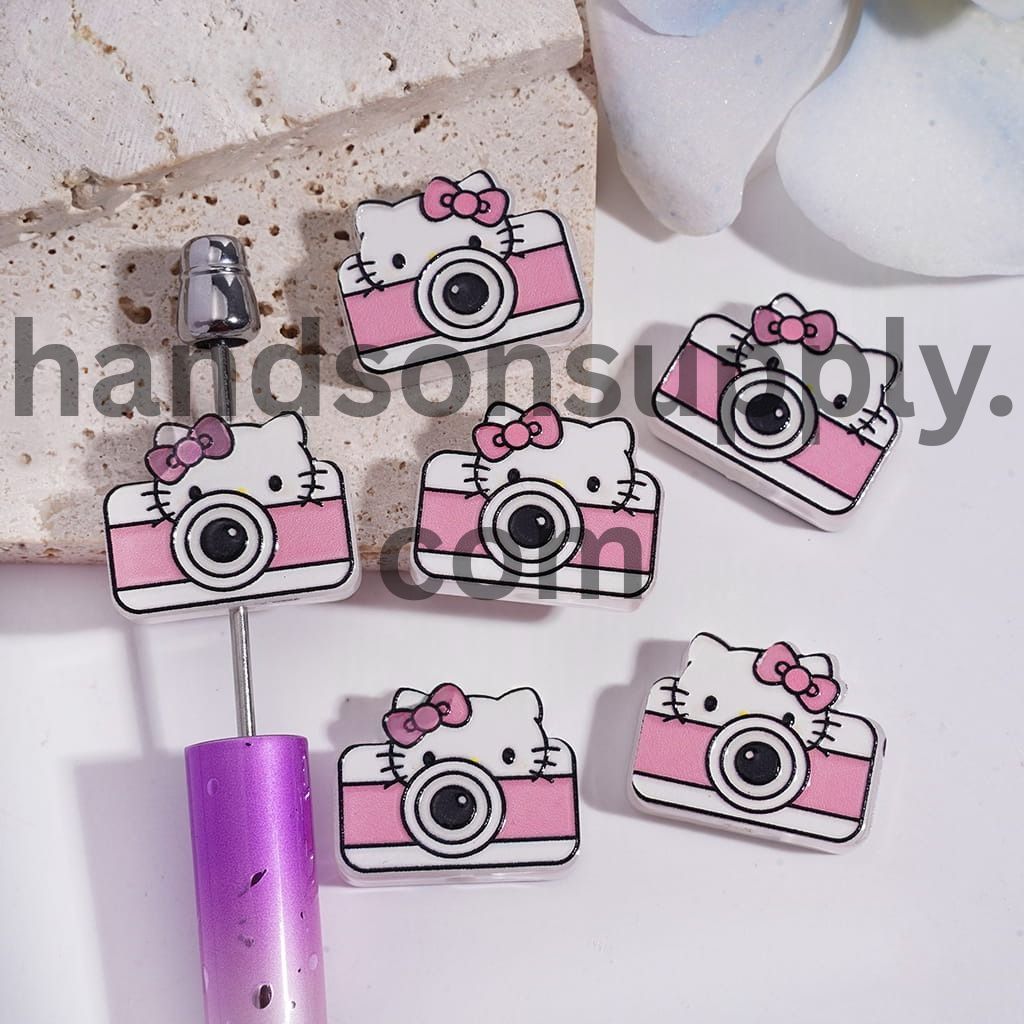 Pink & White Camera with Cute Cat Character Translucent Charm Acrylic Beads 19*24mm