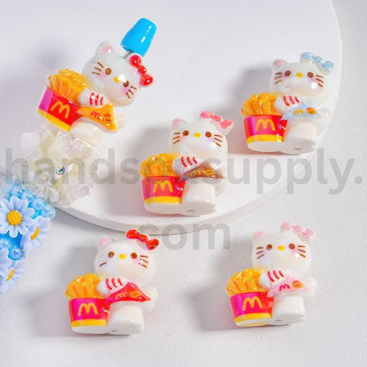 Cute Cat Character Holding French Fries Multi Color Acrylic Beads 30*27MM, Random Mix