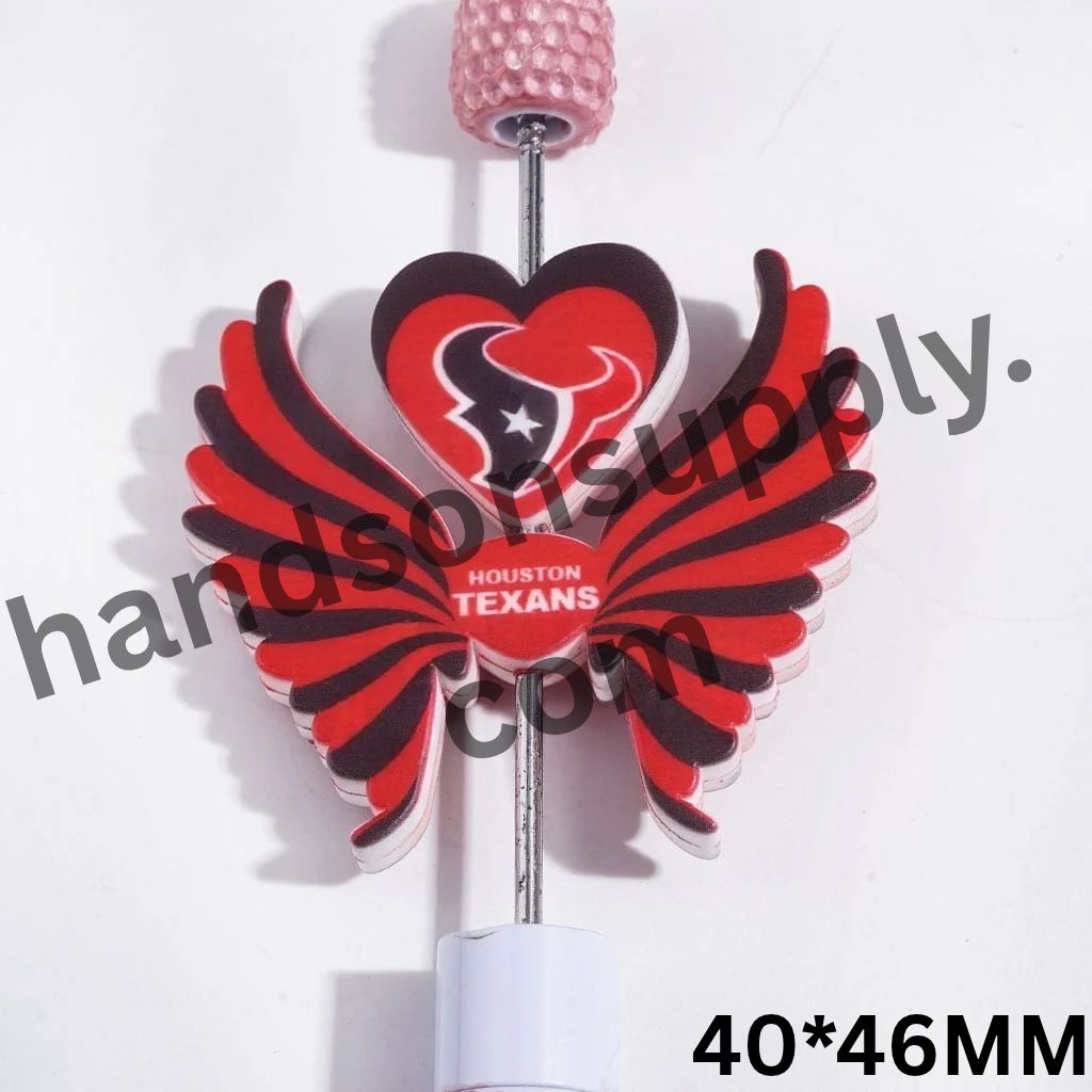 Houston American Football Team Logo Printed Heart and Wing-Shaped Silicone Focal Beads Set, 40*46MM