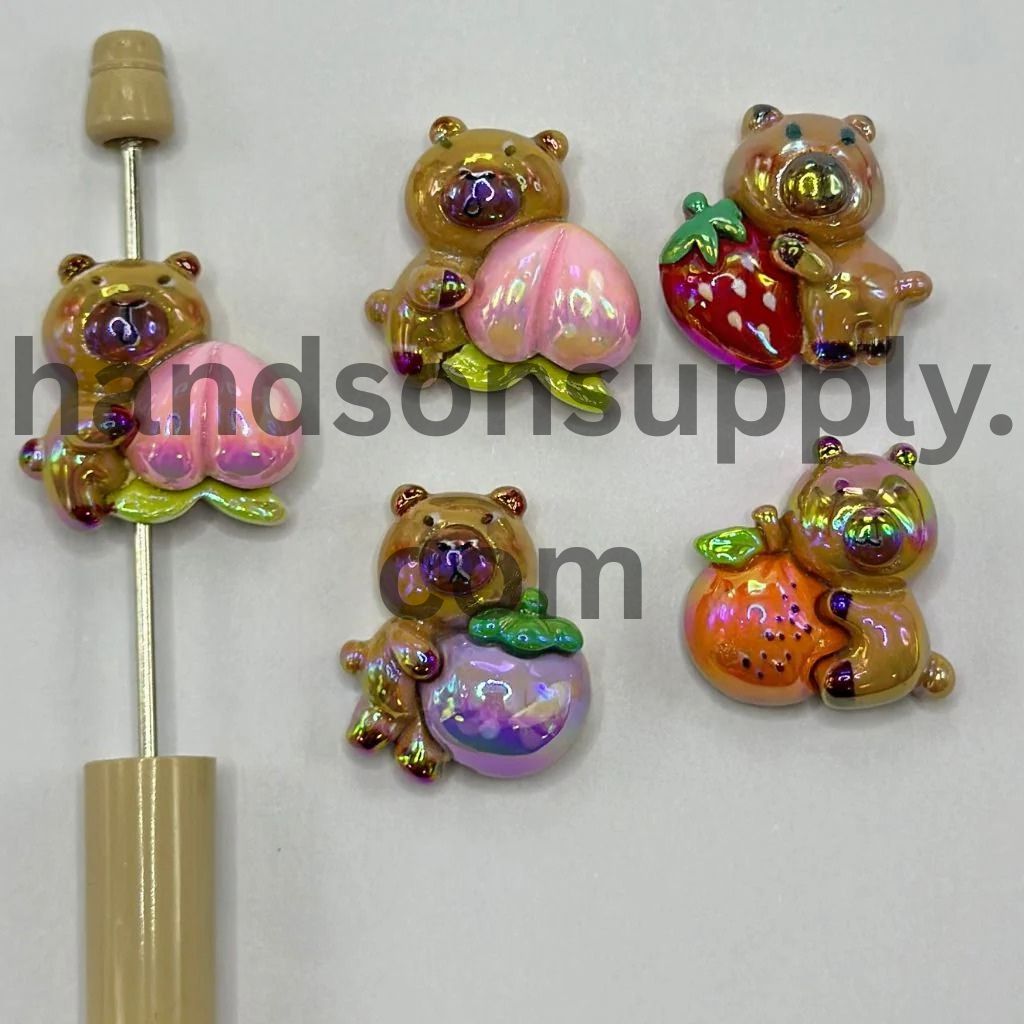 Adorable Brown Bear With Cute Giant Peach, Animal, Acrylic Beads