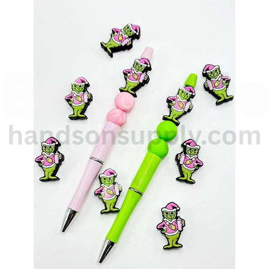 Grinc the Green Monster Wearing a Pink Christmas Hat Holding a Cup Bottle Silicone Focal Beads  (ship out in around 4-6 Days after ordering)