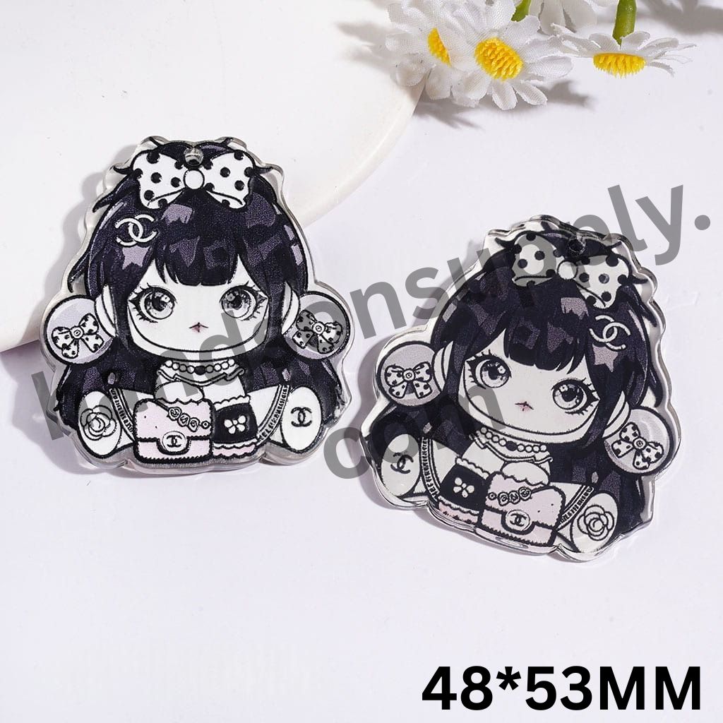 Elegant Black-and-White Sitting Fashion Girl with Bow & Pearl Necklace Clear Acrylic Pendants, Single-Sided Print, 48*53MM