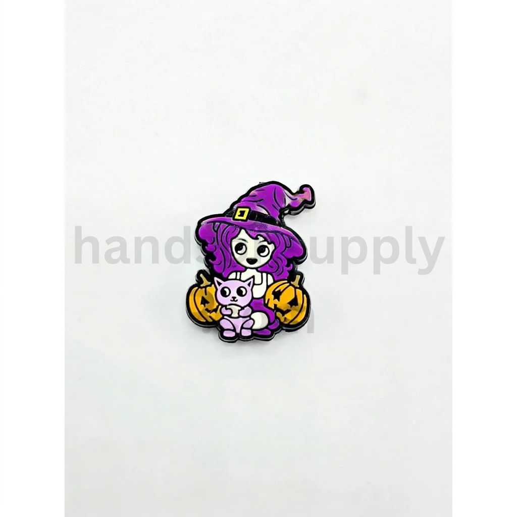 Cute Purple Hair Girl with Magic Hat Holds Pumpkins Silicone Focal Beads
