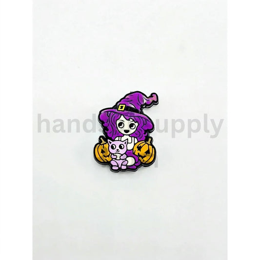Cute Purple Hair Girl with Magic Hat Holds Pumpkins Silicone Focal Beads